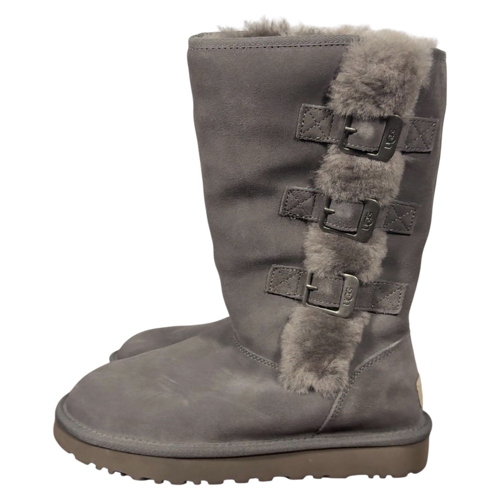 UGG Womens Size 7 Klea Tall Charcoal Gray Suede Fur Lined Boots With Buckles